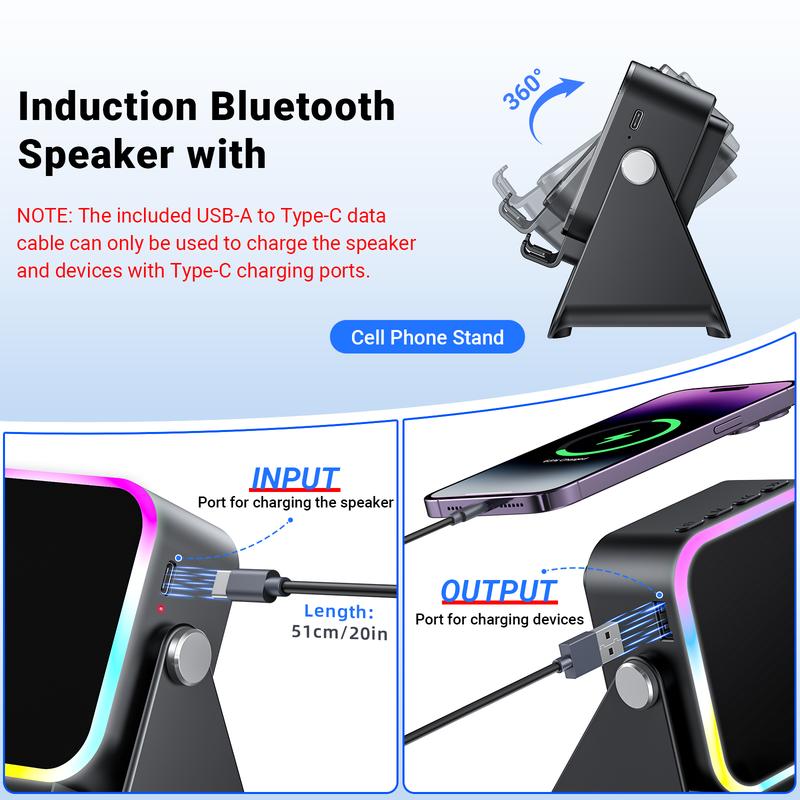 No-Bluetooth Induction Speaker Stand – 5-in-1 Phone Holder with RGB Lights & Power Bank